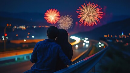 Obraz premium Couple watching fireworks over highway at night.