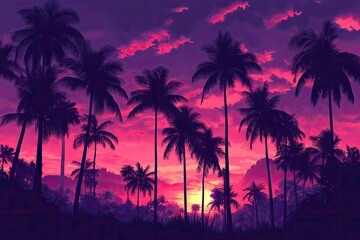 Naklejka premium Silhouettes of palm trees against a colorful sunset. Perfect for travel, vacation, and tropical themes.