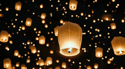 Many glowing paper lanterns soar into a dark night sky.