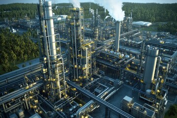 Aerial view of an industrial refinery complex, showing intricate network of pipes and towers. Illustrates large-scale industrial processes and energy production for websites, reports, and articles.
