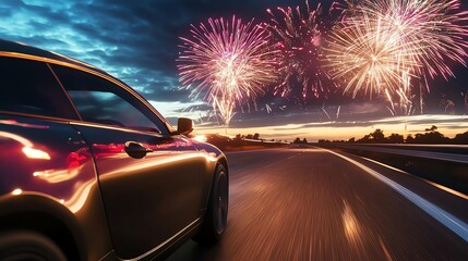 Car driving at sunset with fireworks display.
