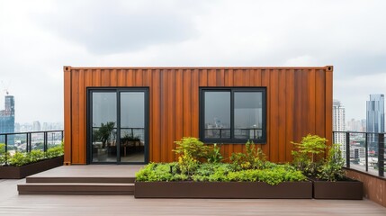 Industrialstyle container dining room exterior with rusted metal finish, openair seating area, and urban setting
