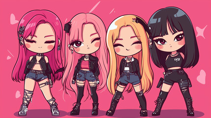 Kawai illustration of a kpop girl group band consisting of 3, 4 or 5 people. Themed with pink, black and brown hair.