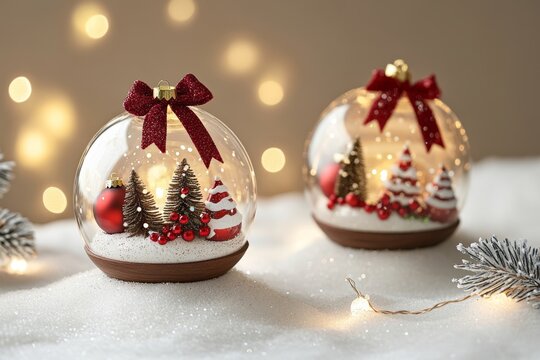 Two beautifully crafted Christmas ornaments rest elegantly on a festive table, capturing the essence of holiday cheer and seasonal decoration.