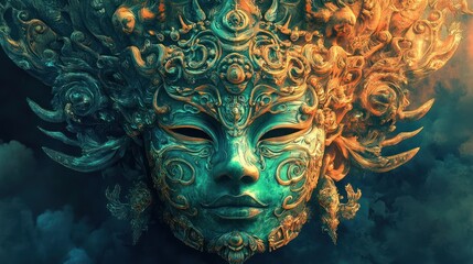 Intricate mask with ornate details and ethereal colors.