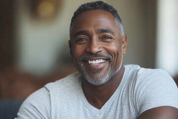 Fototapeta premium Smiling mature man in grey shirt. Ideal for happiness, health, and aging themes.
