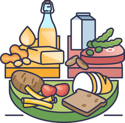 Illustration of diverse nutritious foods including vegetables, dairy, and proteins.