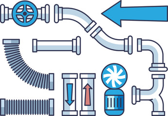 Illustration of various pipes, valves, and arrows symbolizing flow and direction.