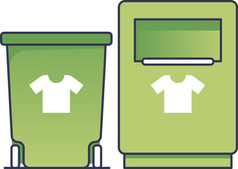 Green bins with clothing symbols for textile recycling.