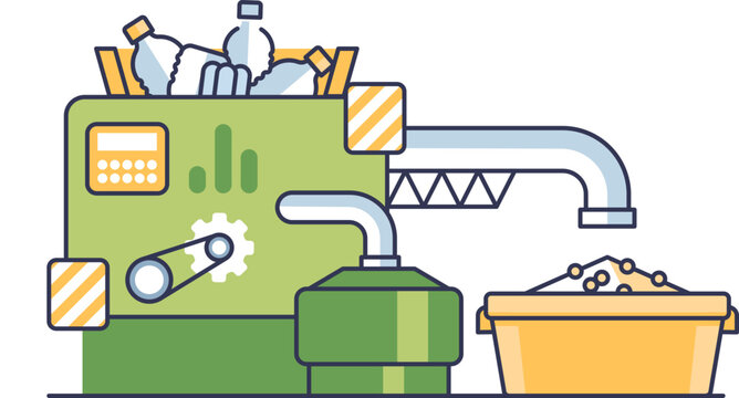 Illustration of a plastic granulator processing bottles into granules.