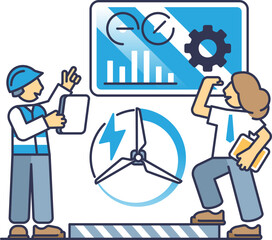 Engineers analyzing wind energy data with charts and turbine illustration.