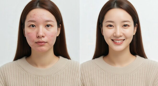 Skincare transformation of young asian female with acne to clear complexion