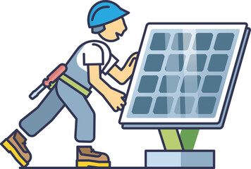 Illustration of a worker installing a solar panel, symbolizing renewable energy.