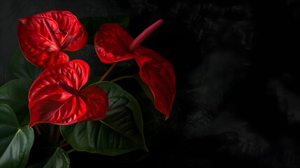 Red Anthurium Flowers with Green Leaves on a Black Background - Realistic Image