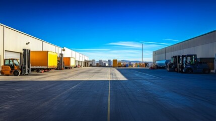 Fototapeta premium A warehouse and cargo transport facility with forklifts and delivery trucks in the parking lot, under a bright blue sky