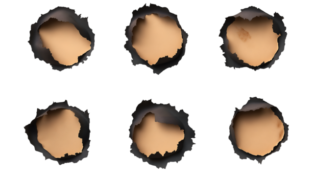 Fire burn holes isolated on white paper, burning of texture paper.