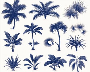 Collection of palm trees in blue. Ideal for tropical designs, summer-themed projects, and creating a vacation mood.