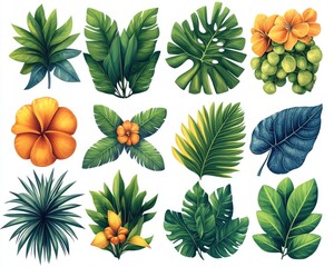 Fototapeta premium Collection of tropical leaves and flowers. Perfect for use in design projects related to nature, travel, and the tropics.