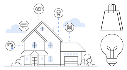 House with icons of eye, lightbulb, air conditioner, washing machine, faucet, shopping bag, and big lightbulb. Ideal for smart home, Internet of Things technology home automation modern living