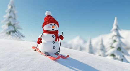 Obraz premium 3d snowman sliding downhill, skiing, Christmas holiday background, panoramic winter landscape, Happy New Year greeting card