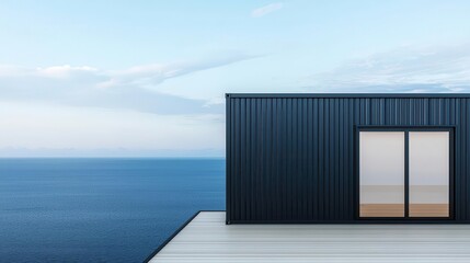 Fototapeta premium Chic container dining room exterior with matte black panels, large glass windows, and ocean view