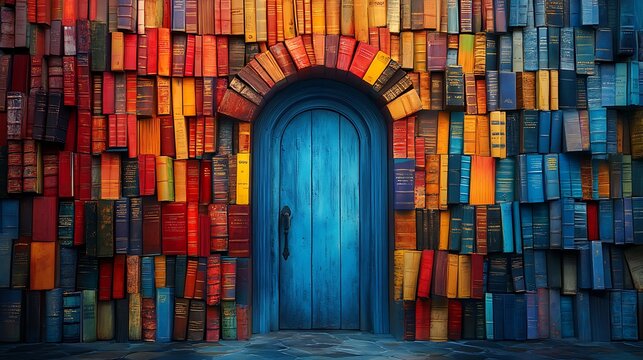 Colorful bookshelf doorway library interior artistic concept vibrant