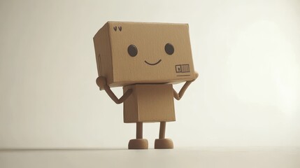 Cardboard box character with happy expression, holding its head.
