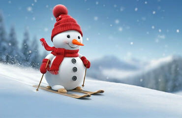 Fototapeta premium 3d snowman sliding downhill, skiing, Christmas holiday background, panoramic winter landscape, Happy New Year greeting card