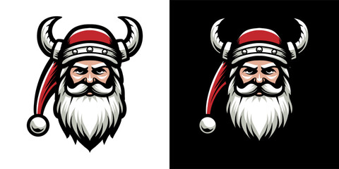 Santa Claus in viking helmet illustration. Isolated on dark background. Medieval element for Christmas holiday. Vector Eps 10.