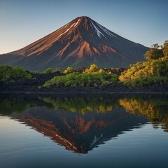 Fototapeta premium Volcanic mountain in morning light reflected in calm waters of lake.