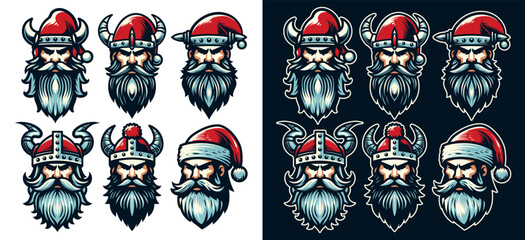 Santa Claus in viking helmet collection. Isolated on dark background. Medieval element for Christmas holiday. Vector Eps 10.