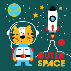 Obraz premium Cute cartoon tiger astronaut in space suit with rocket, stars, and planet on dark background. Children’s outer space adventure concept 