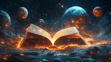 Obraz premium Exploring cosmic realms open book in space digital art fantasy