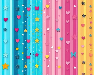 Colorful background with hearts and stars. Perfect for children's books, greeting cards, and party invitations.