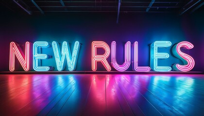 Vibrant neon "NEW RULES" sign illuminating a dark gallery space