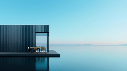 Minimalist container dining room exterior with dark metal siding, wooden deck, and view of a tranquil lake
