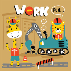 Cute cartoon giraffe and tiger working at construction site with excavator and safety helmets. Children’s work and fun concept
