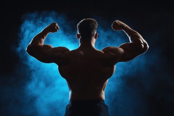 Obraz premium Athlete flexing under dramatic lighting, showcasing strength and dedication to fitness goals after an intense workout.