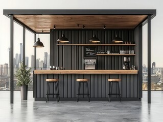Industrial container dining room exterior with raw metal panels, rooftop dining area, and cityscape view