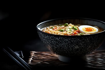 Delicious ramen noodles in a patterned bowl, topped with a soft boiled egg. Perfect for illustrating food blogs, restaurant menus, or Asian cuisine themes.