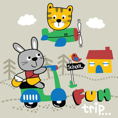 Fun Trip with Bunny Riding a Scooter and Tiger Flying an Airplane in a Cute Cartoon Scene