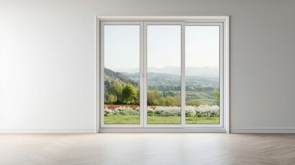 Fototapeta premium Stylish container dining room exterior with white walls, large sliding glass doors, overlooking a flower meadow