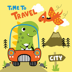 Cute Cartoon Dinosaur Driving a Car with Flying Dragon and Volcano Background Illustration

