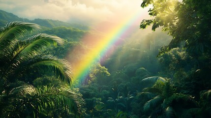 A vibrant rainbow arcs over a lush tropical rainforest, illuminated by soft sunlight.