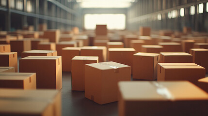 Cardboard boxes arranged in a distribution warehouse factory, delivery box