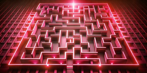 Beautiful maze background with neon light. Creative red geometric labyrinth with glowing edges in 3D