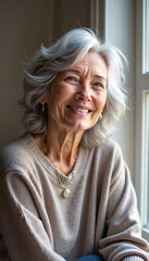 Fototapeta premium Smiling elderly woman with gray hair sitting by the window in a cozy interior