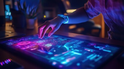 Fototapeta premium A human typing on a virtual keyboard projected from a wearable device, futuristic home setting,
