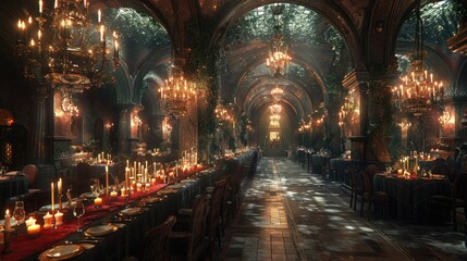 Obraz premium Luxurious overgrown banquet hall with long tables, candles, chandeliers, and stone arches.