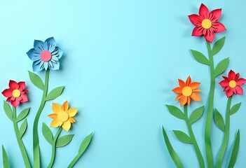 Obraz premium Top view of flowers on blue background with space for text. Generated by artificial intelligence